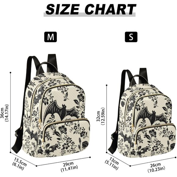 Goth Bat Flowers Quilted Small Backpack Water Resistant Casual Daypack - Picture 3 of 7